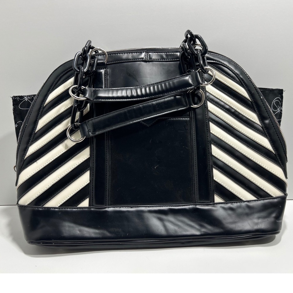 Jessica Simpson Black White Striped Chain Handle Satchel Dome Bag Handbag